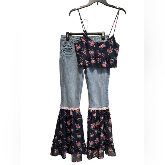 Upcycled Denim Jeans & Floral Ruffle Crop Top Set Boho Y2K One-of-a-Kind - Picture 2 of 13